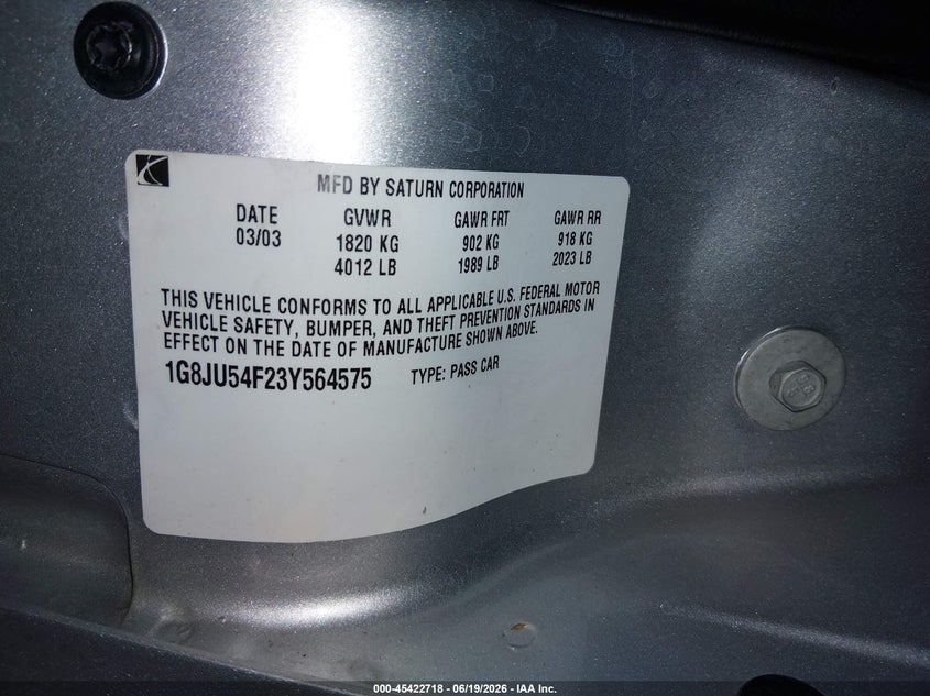 2003 Saturn L-Series L200 VIN: 1G8JU54F23Y564575 Lot: 45422718
