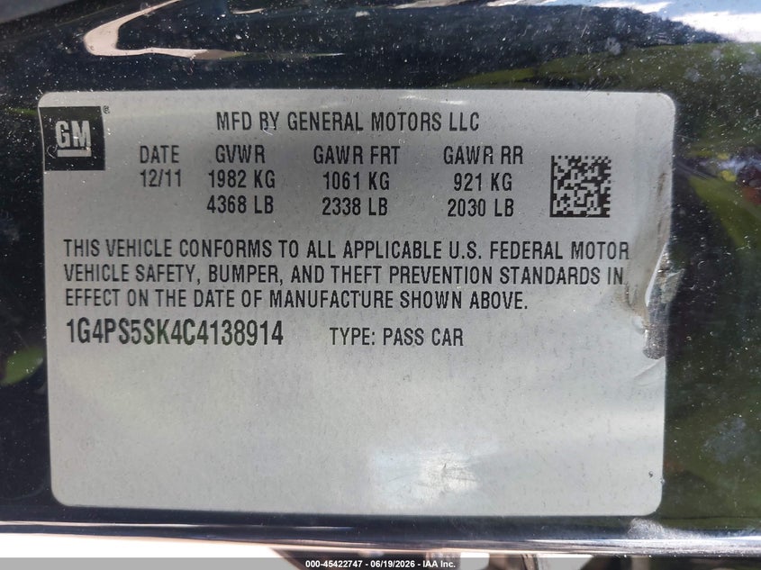 2012 Buick Verano Leather Group VIN: 1G4PS5SK4C4138914 Lot: 45422747