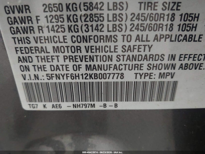 2019 HONDA PILOT SPORT UTILITY VEHICLE 3.5L V-6 DI, VVT, 280HP