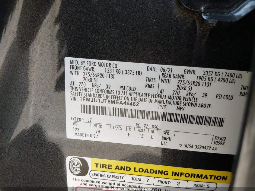 2021 Ford Expedition Xlt VIN: 1FMJU1JT8MEA46462 Lot: 45422888