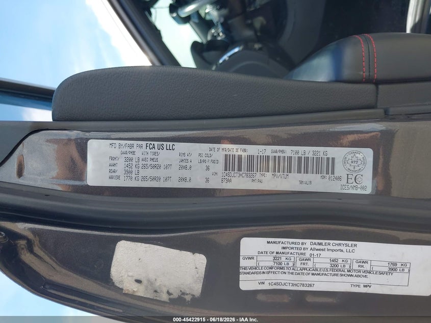 2017 Dodge Durango R/T VIN: 1C4SDJCT3HC783267 Lot: 45422915