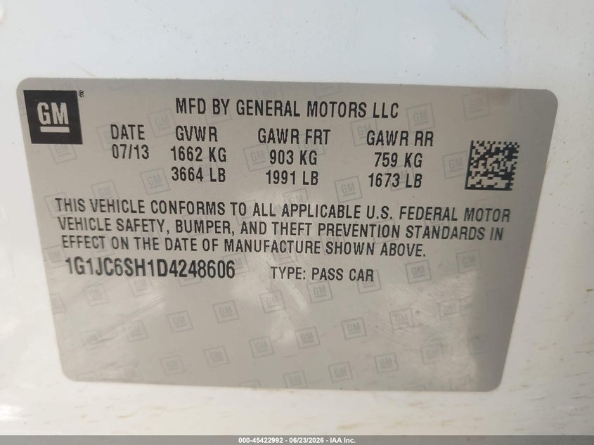 2013 Chevrolet Sonic Lt Auto VIN: 1G1JC6SH1D4248606 Lot: 45422992