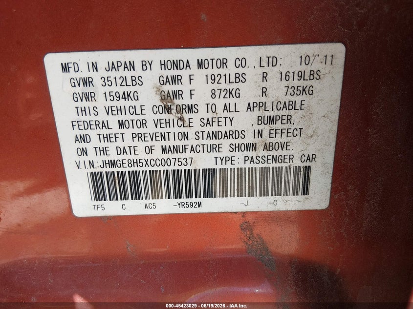HONDA FIT 2012 VIN JHMGE8H5XCC007537