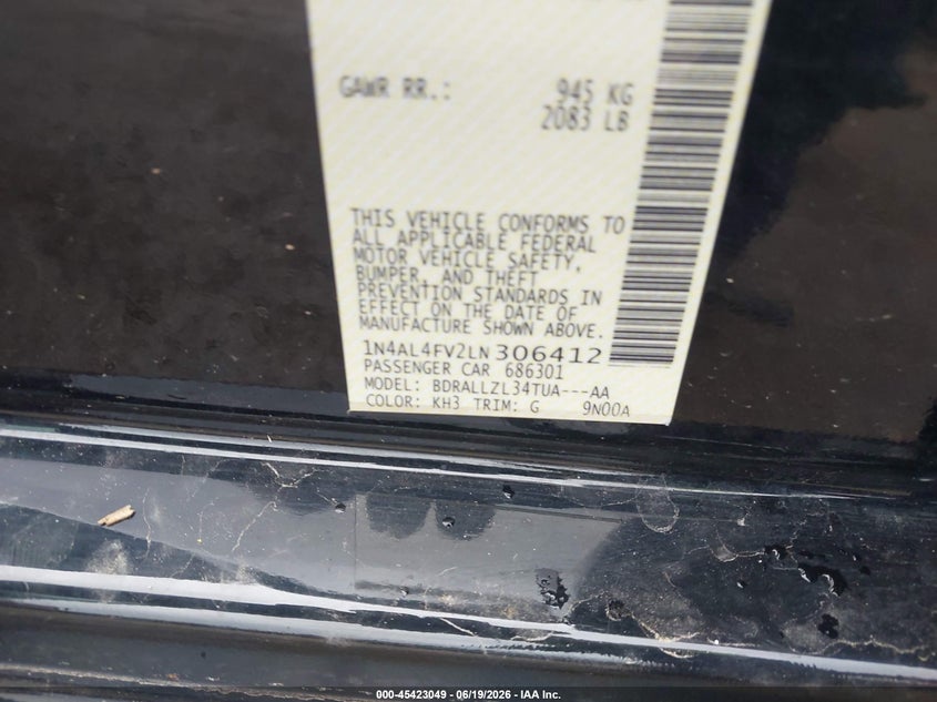 VIN 1N4AL4FV2LN306412 2020 NISSAN ALTIMA PLATINUM VC-TURBO FWD