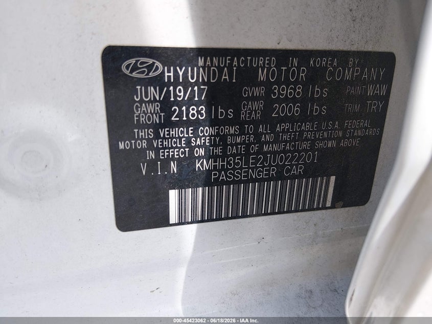 VIN KMHH35LE2JU022201 2018 HYUNDAI ELANTRA GT
