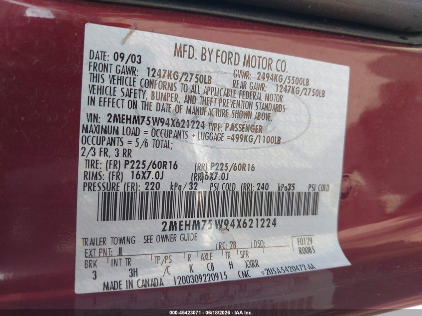 2004 Mercury Grand Marquis Ls VIN: 2MEHM75W94X621224 Lot: 45423071