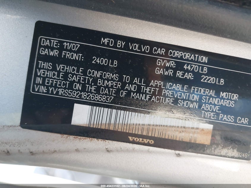 2008 Volvo S60 2.5T VIN: YV1RS592182686837 Lot: 45423102