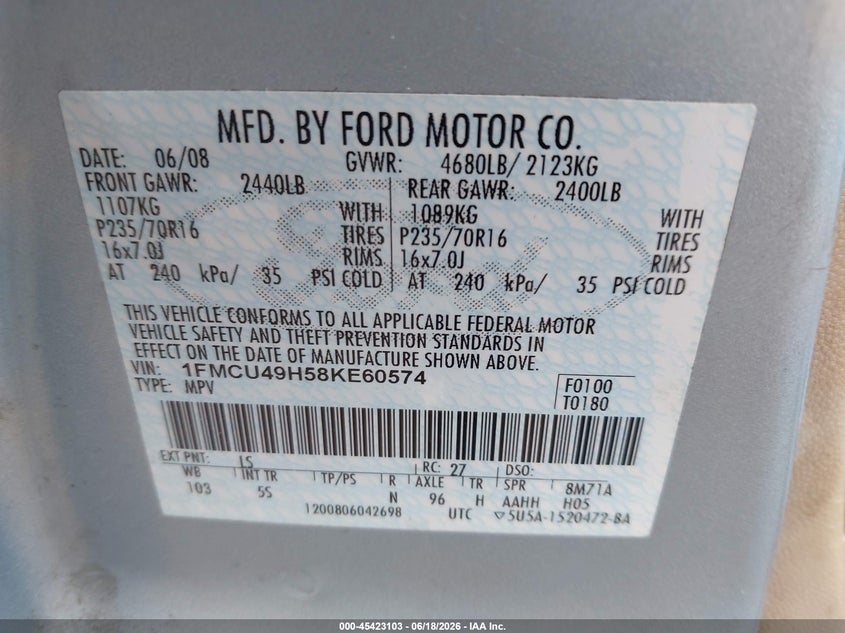 2008 FORD ESCAPE SPORT UTILITY VEHICLE 2.3L I-4 DOHC, 133HP