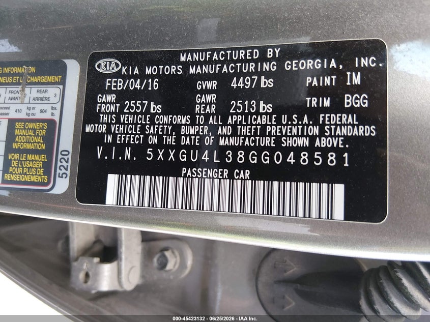 2016 KIA OPTIMA SEDAN 2.4L I-4 DI, DOHC, VVT, 185HP