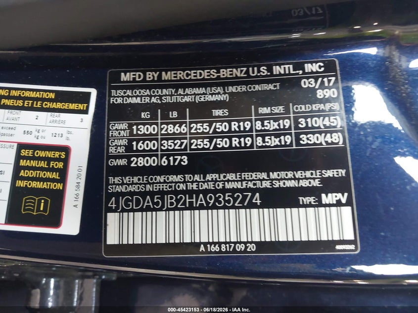 2017 Mercedes-Benz Gle 350 VIN: 4JGDA5JB2HA935274 Lot: 45423153