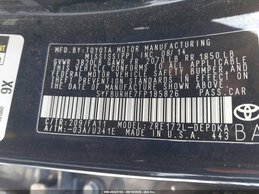 2015 TOYOTA COROLLA SEDAN 1.8L I-4 DOHC, VVT, 132HP