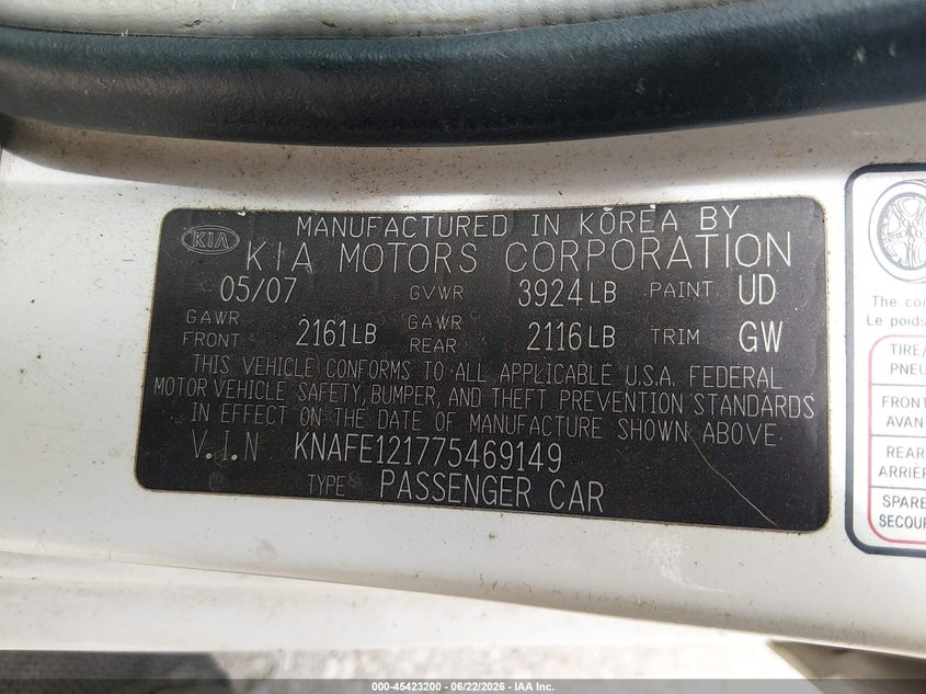 2007 Kia Spectra Ex VIN: KNAFE121775469149 Lot: 45423200