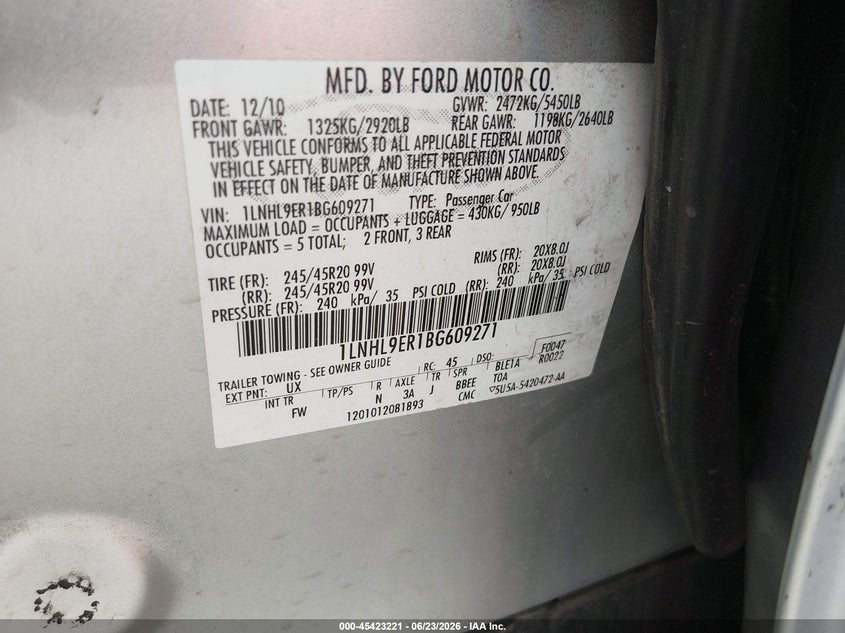 2011 Lincoln Mks VIN: 1LNHL9ER1BG609271 Lot: 45423221
