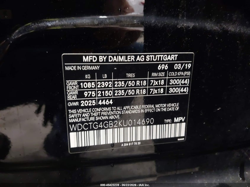 2019 Mercedes-Benz Gla 250 4Matic VIN: WDCTG4GB2KU014690 Lot: 45423239