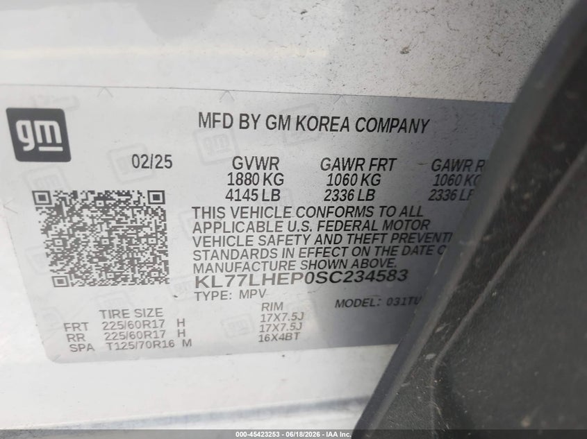 VIN KL77LHEP0SC234583 2025 CHEVROLET TRAX FWD LT
