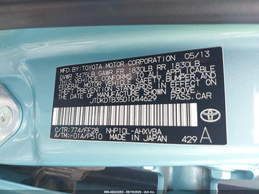2013 Toyota Prius C Two VIN: JTDKDTB35D1044629 Lot: 45423263