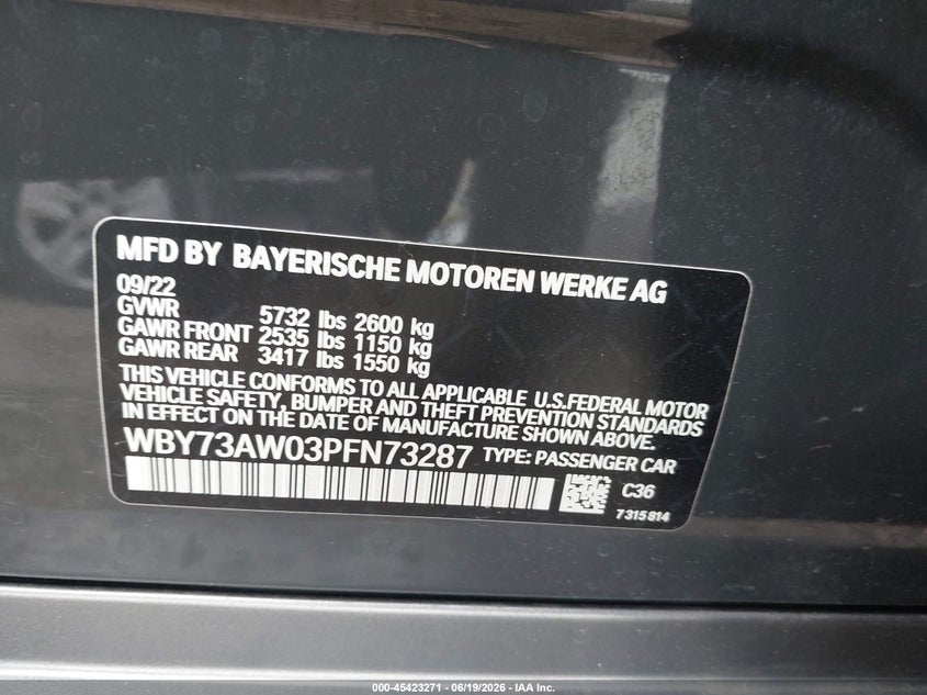 2023 BMW I4 Edrive40 VIN: WBY73AW03PFN73287 Lot: 45423271