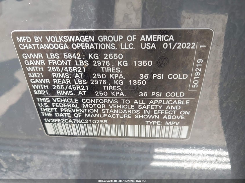2022 Volkswagen Atlas Cross Sport 3.6L V6 Sel Premium R-Line VIN: 1V2FE2CA7NC210255 Lot: 45423310