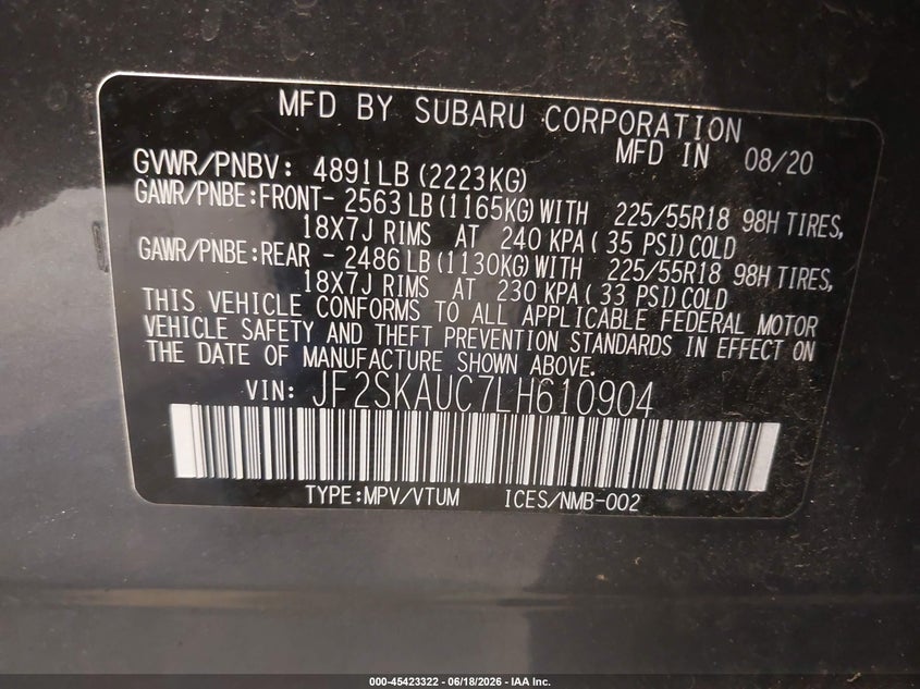 2020 SUBARU FORESTER SPORT UTILITY VEHICLE 2.5L H-4 DI, DOHC, VVT, 182HP