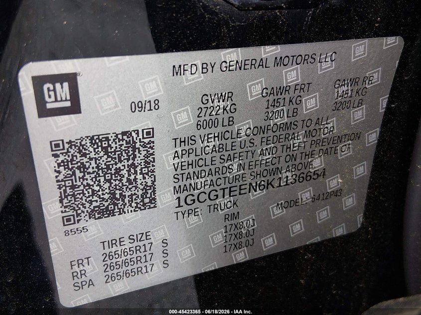 2019 Chevrolet Colorado Zr2 VIN: 1GCGTEEN6K1136654 Lot: 45423365
