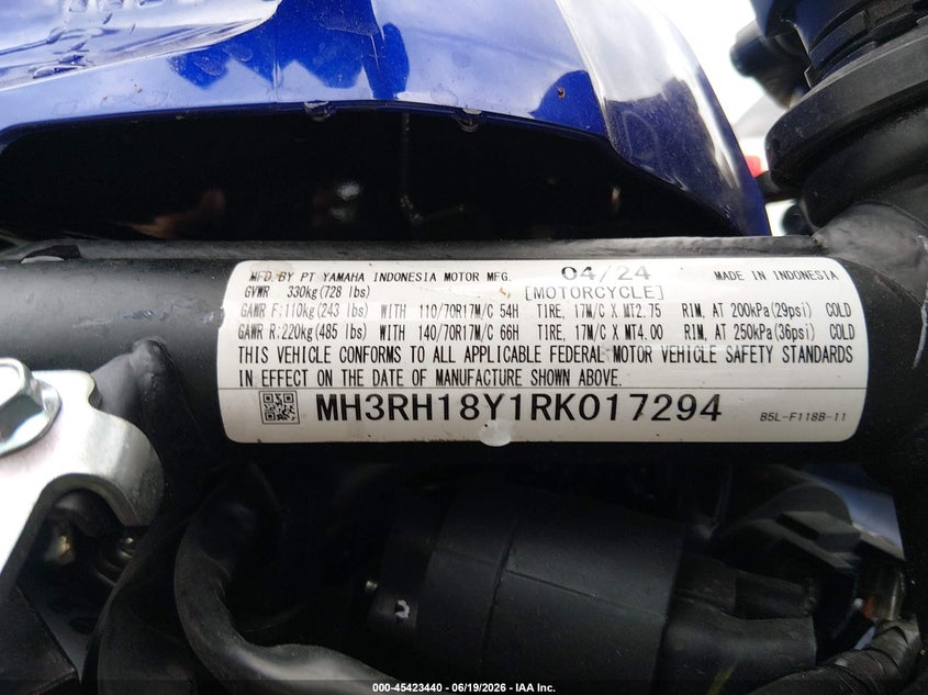 2024 Yamaha Yzfr3 A VIN: MH3RH18Y1RK017294 Lot: 45423440