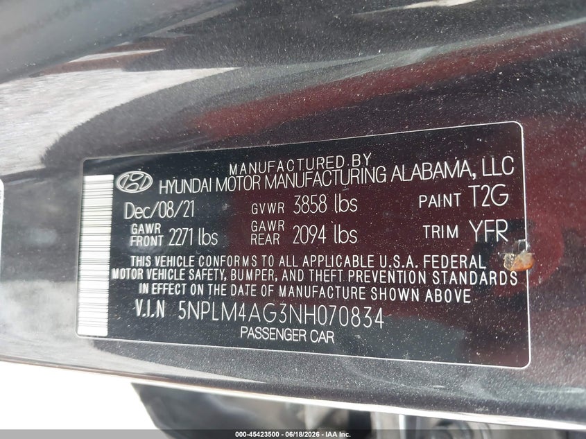 VIN 5NPLM4AG3NH070834 2022 HYUNDAI ELANTRA SEL