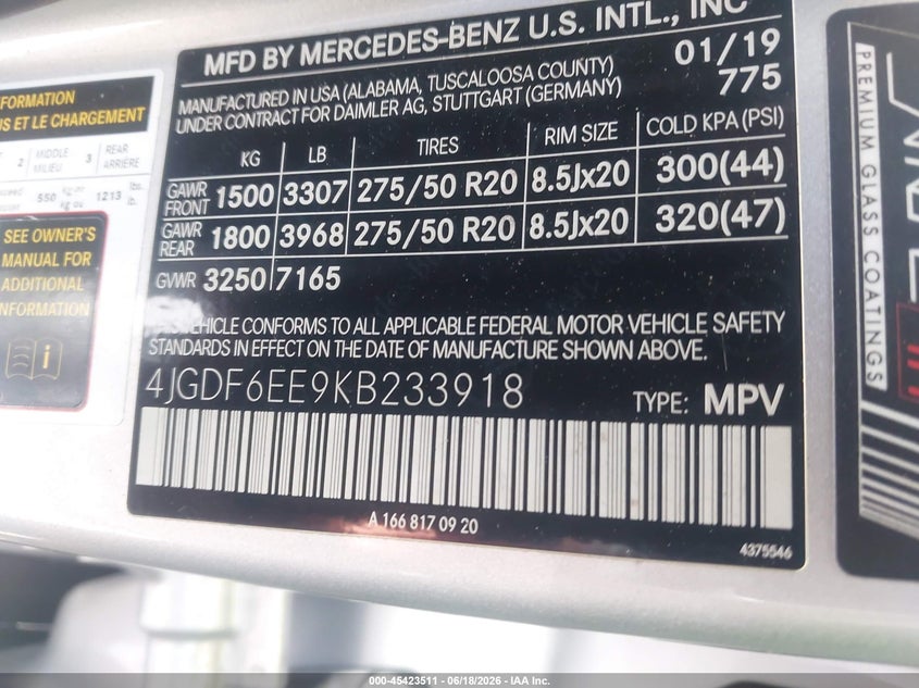 2019 Mercedes-Benz Gls 450 4Matic VIN: 4JGDF6EE9KB233918 Lot: 45423511