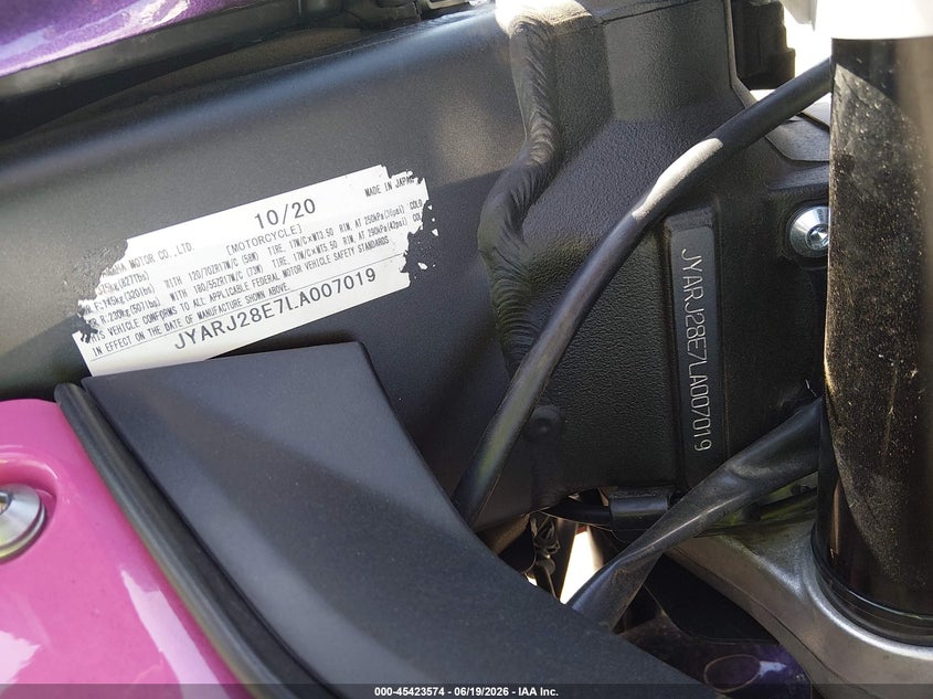 2020 Yamaha Yzfr6 VIN: JYARJ28E7LA007019 Lot: 45423574