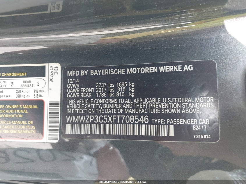 2015 Mini Convertible Cooper S VIN: WMWZP3C5XFT708546 Lot: 45423659