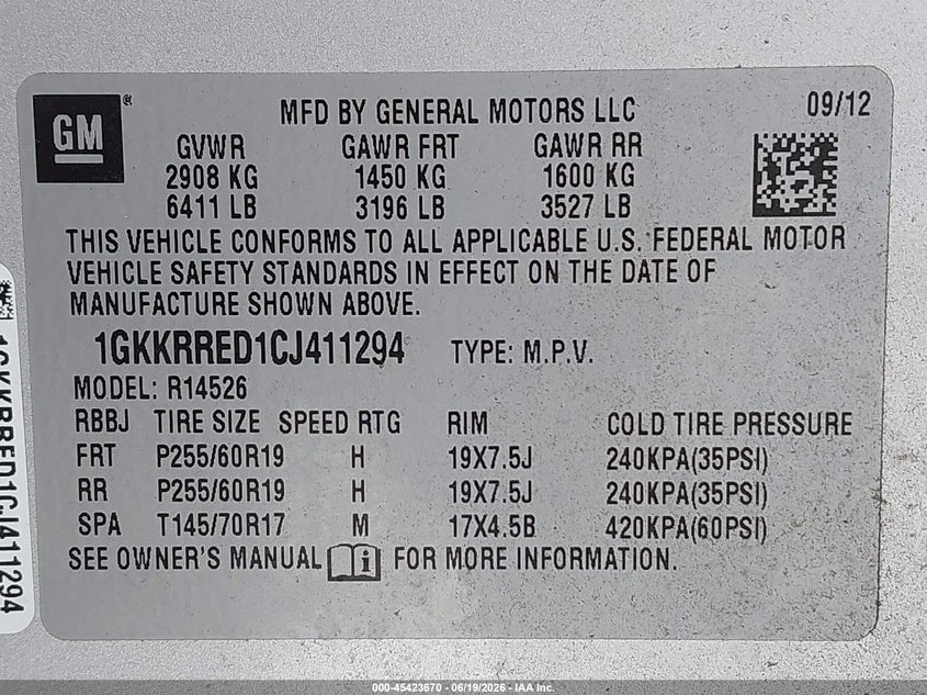 2012 GMC Acadia Slt-1 VIN: 1GKKRRED1CJ411294 Lot: 45423670