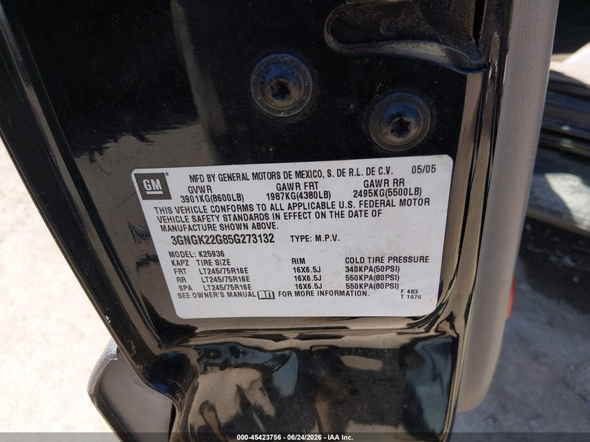 2005 Chevrolet Avalanche 2500 Lt VIN: 3GNGK22G85G273132 Lot: 45423756