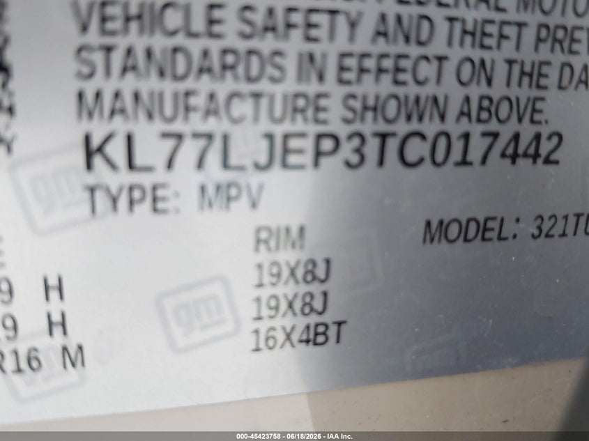 VIN KL77LJEP3TC017442 2026 CHEVROLET TRAX FWD 2RS