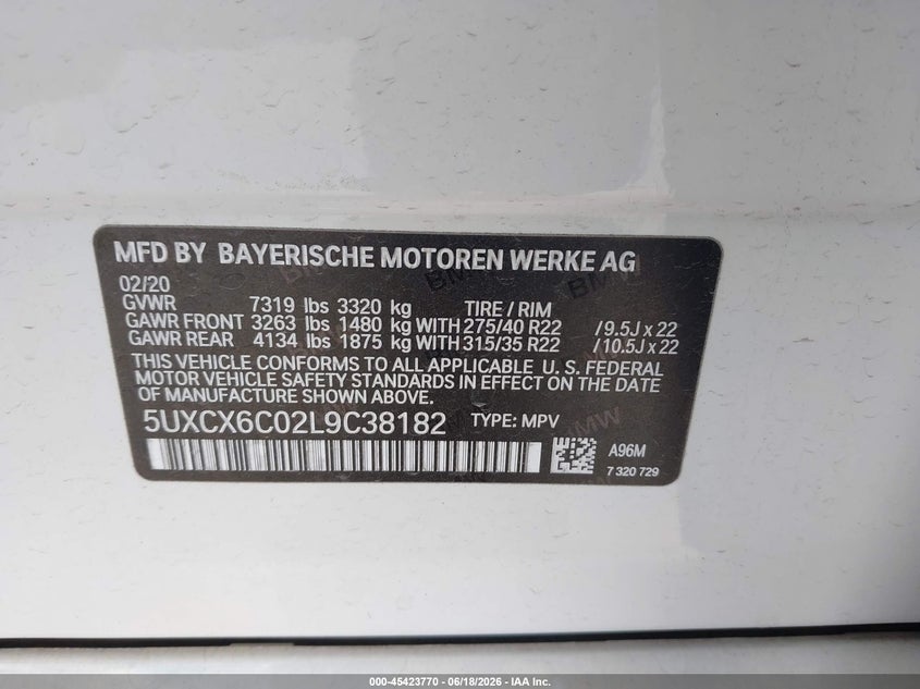 2020 BMW X7 M50I VIN: 5UXCX6C02L9C38182 Lot: 45423770