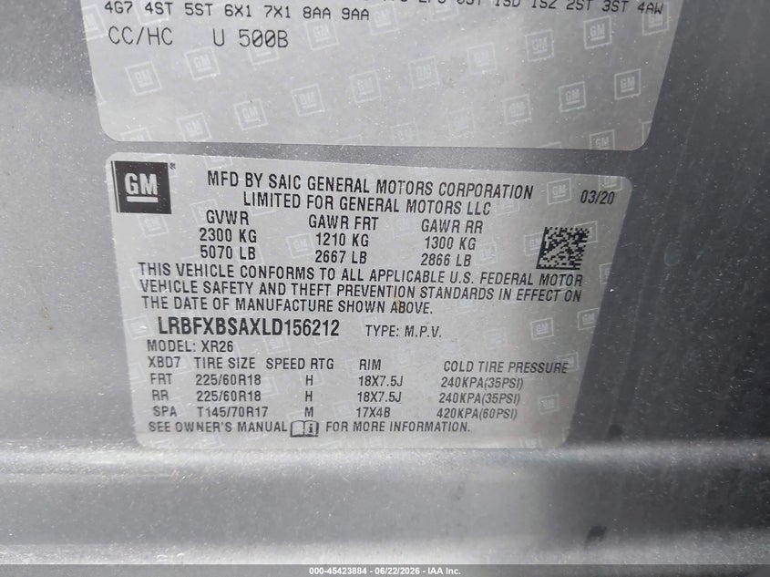 2020 Buick Envision Fwd Preferred VIN: LRBFXBSAXLD156212 Lot: 45423884