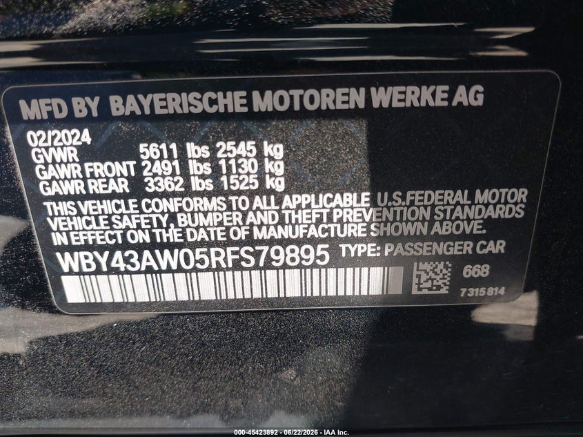 2024 BMW I4 Gran Coupe Edrive35 VIN: WBY43AW05RFS79895 Lot: 45423892