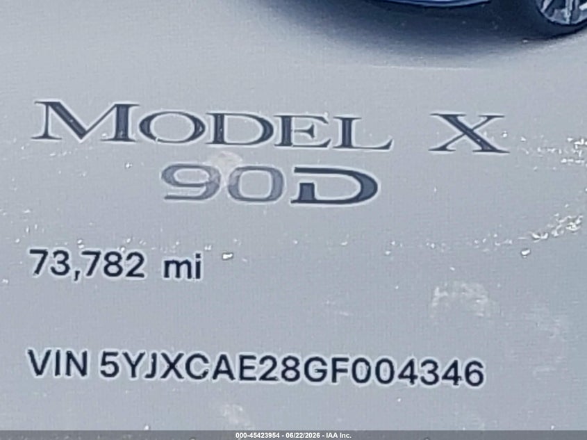 2016 Tesla Model X 60D/70D/75D/90D VIN: 5YJXCAE28GF004346 Lot: 45423954