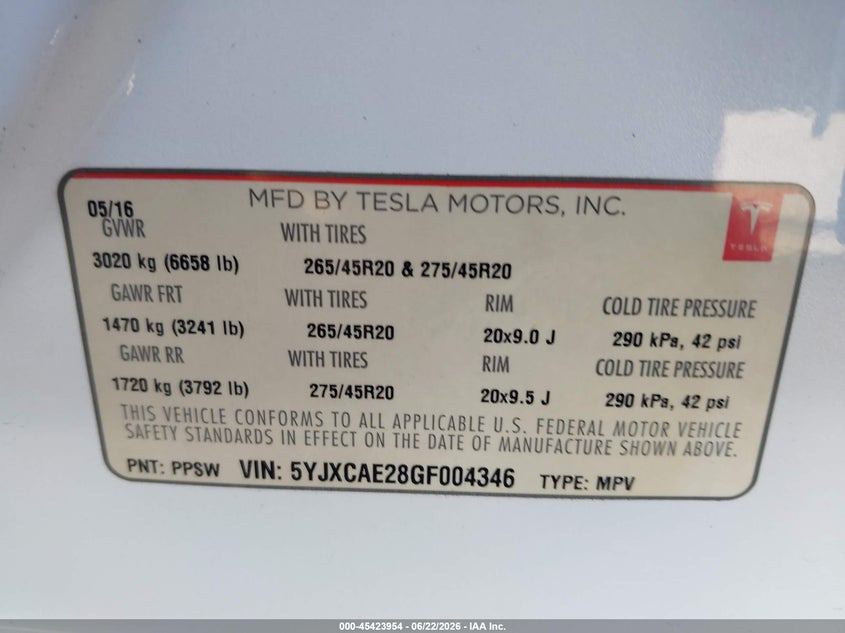 2016 Tesla Model X 60D/70D/75D/90D VIN: 5YJXCAE28GF004346 Lot: 45423954