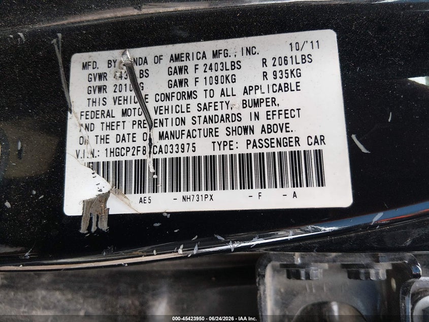 2012 HONDA ACCORD 2.4 EX-L VIN: 1HGCP2F88CA033975