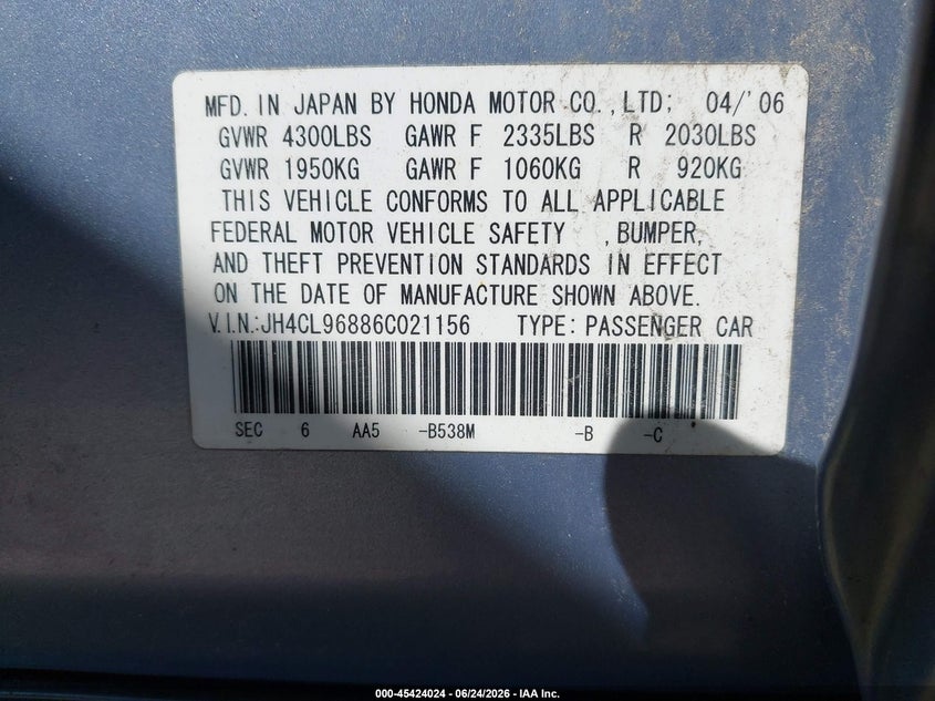 2006 Acura Tsx VIN: JH4CL96886C021156 Lot: 45424024