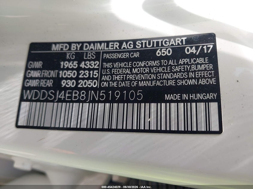 2018 Mercedes-Benz Cla 250 VIN: WDDSJ4EB8JN519105 Lot: 45424029