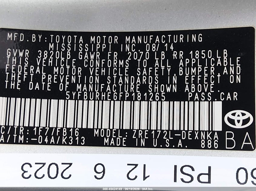 2015 TOYOTA COROLLA SEDAN 1.8L I-4 DOHC, VVT, 132HP