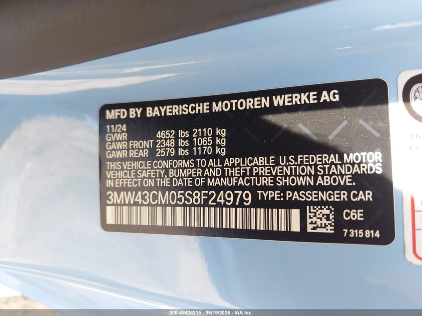 2025 BMW M240 I VIN: 3MW43CM05S8F24979 Lot: 45424215