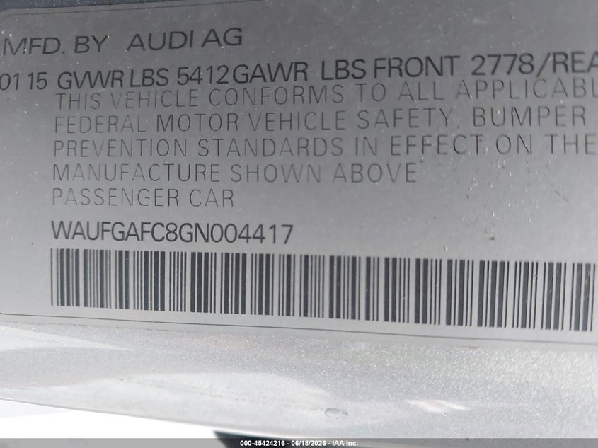 2016 Audi A6 3.0T Premium Plus VIN: WAUFGAFC8GN004417 Lot: 45424216