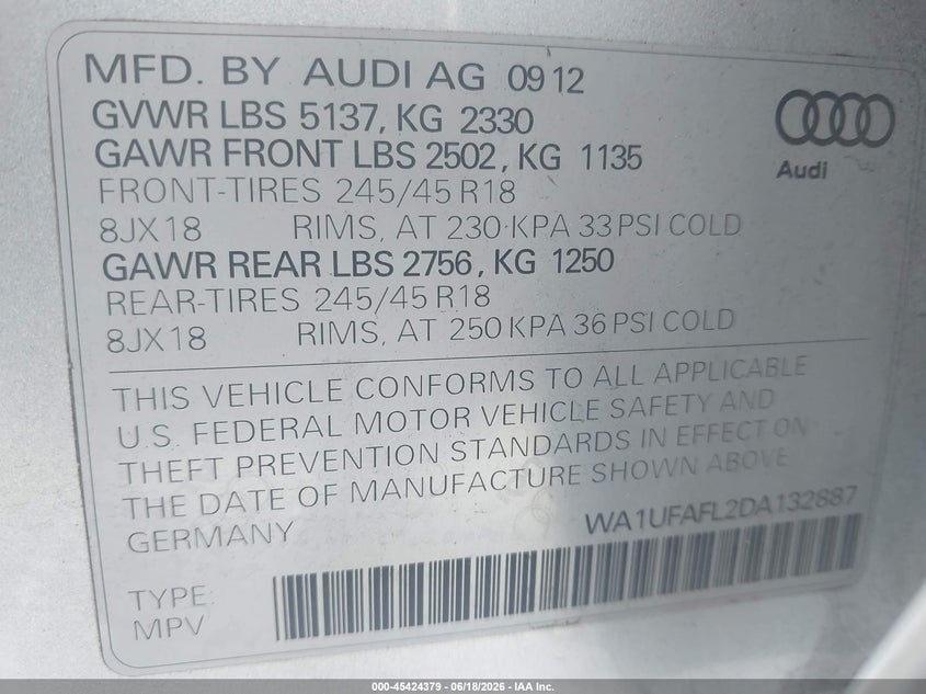2013 Audi Allroad 2.0T Premium Plus VIN: WA1UFAFL2DA132887 Lot: 45424379