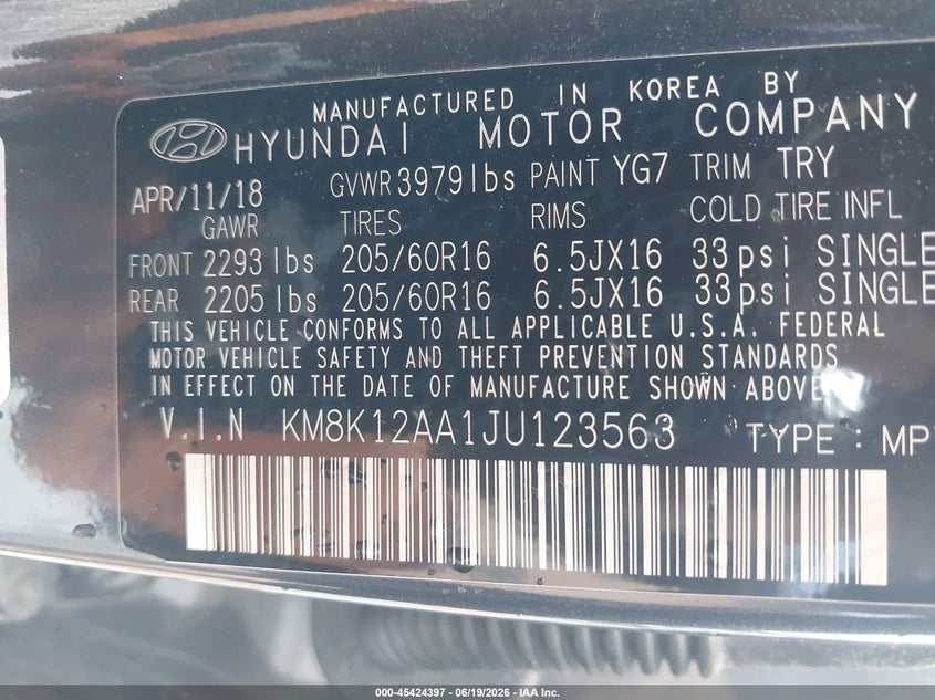 2018 Hyundai Kona Se VIN: KM8K12AA1JU123563 Lot: 45424397