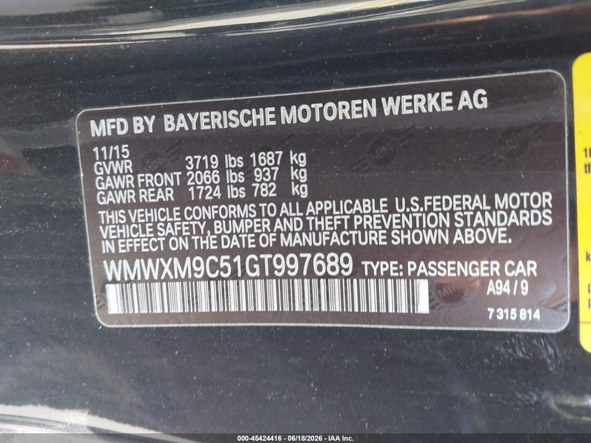 2016 Mini Hardtop John Cooper Works VIN: WMWXM9C51GT997689 Lot: 45424416