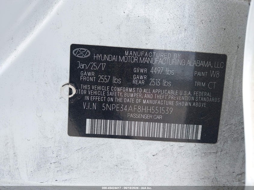 VIN 5NPE34AF8HH551539 2017 HYUNDAI SONATA SPORT