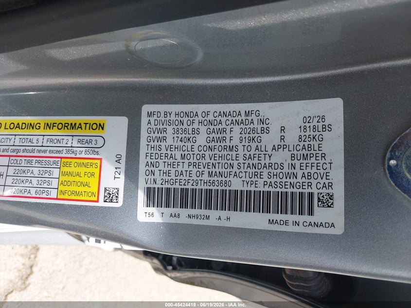 2026 HONDA CIVIC SEDAN 2.0L I-4 DI, DOHC, VVT, 150HP