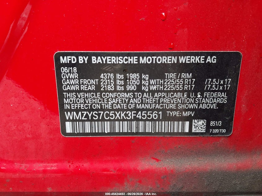 2019 Mini Countryman Cooper VIN: WMZYS7C5XK3F45561 Lot: 45424453