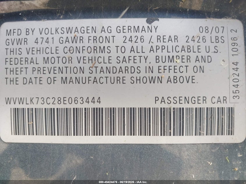 2008 Volkswagen Passat Komfort VIN: WVWLK73C28E063444 Lot: 45424476